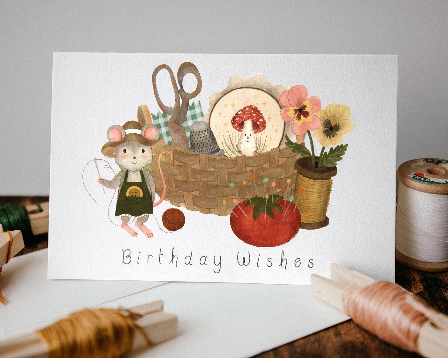 sewing kit mouse | Birthday Card + Envelope